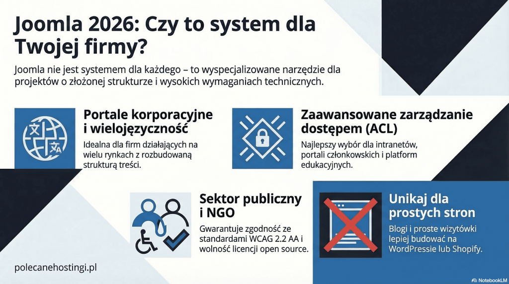 Infografika o systemie Joomla 2026 dla firm, portali korporacyjnych i sektora publicznego.